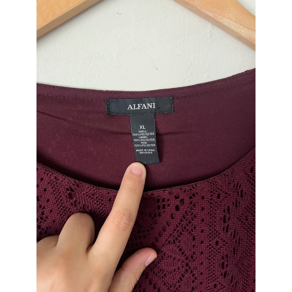 Alfani Womens XL Burgundy Lace Bell Sleeve Blouse Boho Layered Sheer Trim Top - Picture 2 of 6